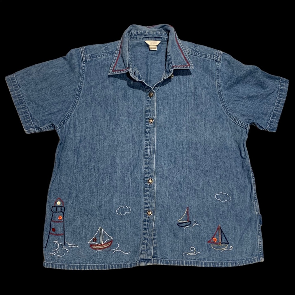 Button Up Embroidered Denim Tee
